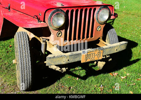 Dettagli della estremità anteriore di una sporca fangoso Willys CJ-2una Jeep parcheggiata nell'erba. Foto Stock