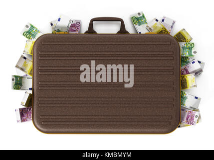 Pali in euro all'interno della valigetta isolati su sfondo bianco. 3d'illustrazione. Foto Stock