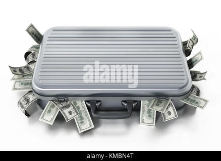 Dollar pile all'interno della valigetta isolati su sfondo bianco. 3d'illustrazione. Foto Stock