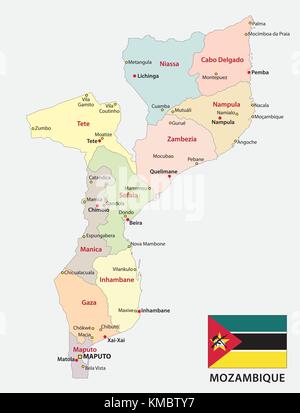 Mozambico politica e amministrativa di mappa vettoriale con bandiera Illustrazione Vettoriale