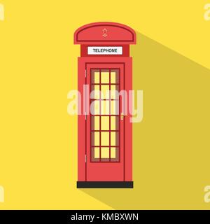 Appartamento rosso telefono a pagamento con sfondo giallo e lunga ombra vector.red english telefono.classico pagare il vettore di telefono Illustrazione Vettoriale