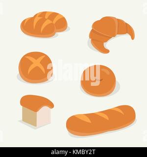 Pane piatto impostato vettore isolato con sfondo.pane francese set.Prima colazione con set di vettore di pane Illustrazione Vettoriale