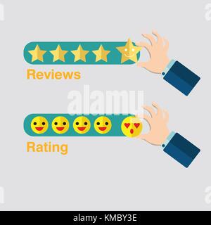 Mano di business con icona a forma di stella per recensioni vector.mano con icona emoji per rating. Illustrazione Vettoriale