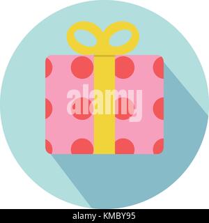 Rosa scatole regalo con il cerchio rosso modello e nastro giallo sul cerchio blu con lunga ombra illustrazione vettoriale.Flat confezione regalo decorazione design. Illustrazione Vettoriale