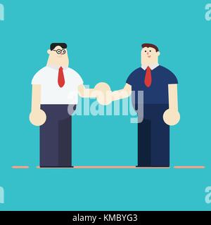 Cartoon piatto uomini d' affari caratteri style contatto business o trattativa e handshake con sfondo blu Illustrazione Vettoriale