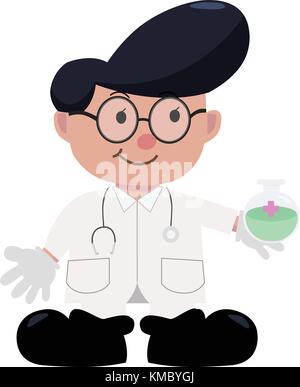 Medico piatta tenere acqua di farmaco sperimentale di personaggio dei fumetti illustrazione vettoriale isolato con sfondo bianco Illustrazione Vettoriale
