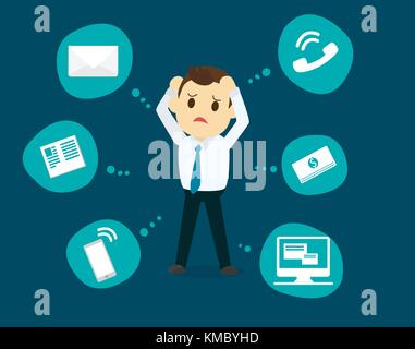 Imprenditore pressione di stress, business problemi mentali, concetto icone vettoriali con pittogramma computer,soldi,news,telefono,e-mail. Illustrazione Vettoriale