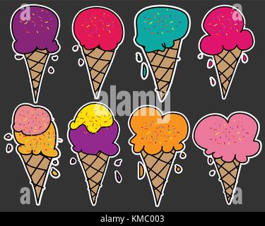 Set di adesivi carini gelato. Illustrazione Vettoriale