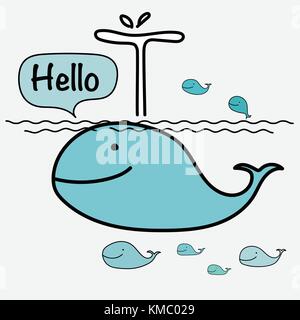 Carino whale dire ciao sul mare. illustrazione vettoriale. Illustrazione Vettoriale