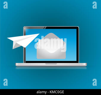 Contact us air posta cartacea piano concept design illustrazione sopra uno sfondo blu Foto Stock