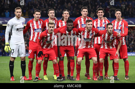 Fila posteriore, a sinistra e a destra, Atletico Madrid è Jan Oblak, Hernandez Lucas, Fernandez Gabi, Kasmirski Filipe Luis, Jose Maria Gimenez, Stefan Savic, Fernando Torres. Prima fila, da sinistra a destra, Atletico Madrid di Antoine Griezmann, Partey Thomas, Niguez Saul e Jorge Koke Foto Stock