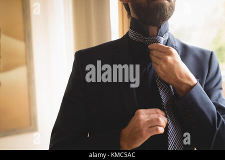 Uomo che indossa la cravatta a casa Foto Stock