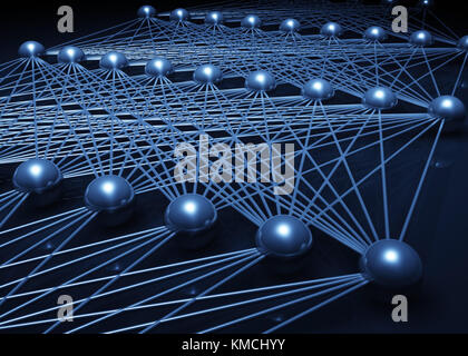 Rete neurale artificiale frammento, cg con illustrazione schematica struttura blu il modello 3D render Foto Stock