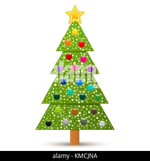 Abstract vettore albero di Natale decorato con stelle e palle di neve e isolato su sfondo bianco. Illustrazione Vettoriale