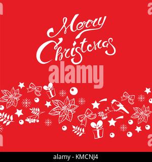 Vintage Buon Natale e Felice Anno Nuovo modello di scheda con i fiocchi di neve, poinsettia fiori. Vacanze invernali di elementi nel set di confine. Illustrazione Vettoriale