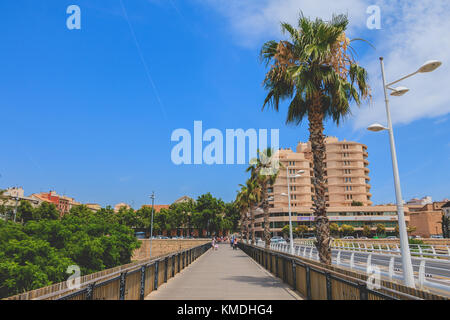 VALENCIA, Spagna - 16 Giugno 2017 : un ponte che attraversa il fiume a secco di Valencia dove i turisti sono a piedi Foto Stock