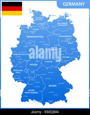 La mappa dettagliata della Germania con regioni o stati e città, capitali, bandiera nazionale Illustrazione Vettoriale