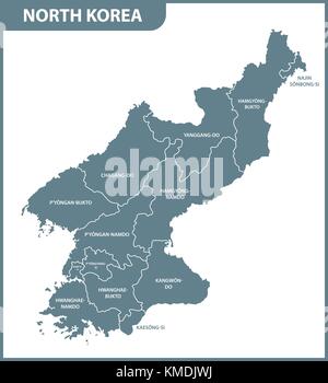 La mappa dettagliata della Corea del Nord con le regioni Illustrazione Vettoriale