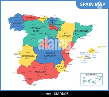 La mappa dettagliata della Spagna con le regioni o gli stati e le città capitali Illustrazione Vettoriale