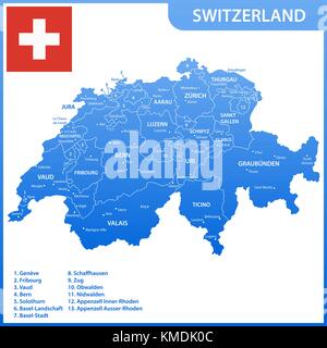 La mappa dettagliata della Svizzera con le regioni o gli stati e le città capitali, bandiera nazionale Illustrazione Vettoriale