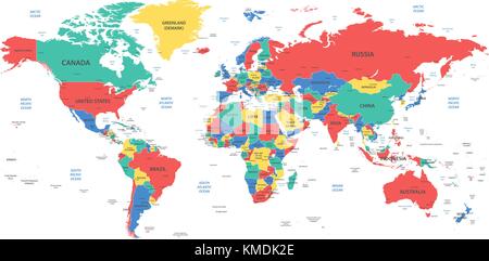 Dettagliata mappa del mondo con frontiere, paesi e città Illustrazione Vettoriale