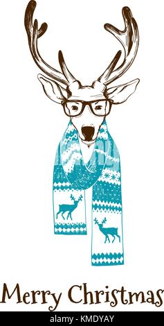Ritratto di un natale renne vestito in un inverno sciarpa e hipster bicchieri. Illustrazione Vettoriale