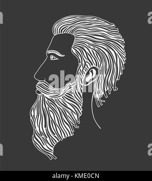 Uomo di profilo con la barba di moda stile hipster, disegnati a mano, linea tecnica illustrazione vettoriale. isolato su sfondo nero Illustrazione Vettoriale