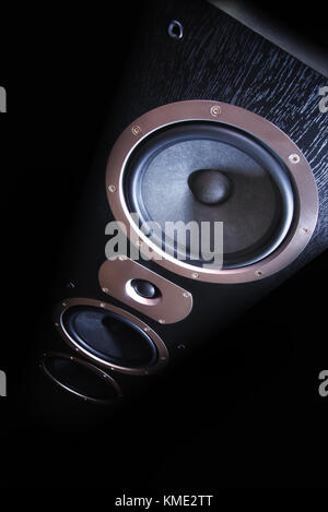 Altoparlante audio close-up. Sistema audio stereo su sfondo nero Foto Stock