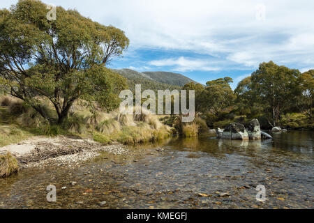 Il Thredbo River a Thredbo scavi in Kosciuszko Parco Nazionale delle montagne innevate nel sud del New South Wales. Foto Stock