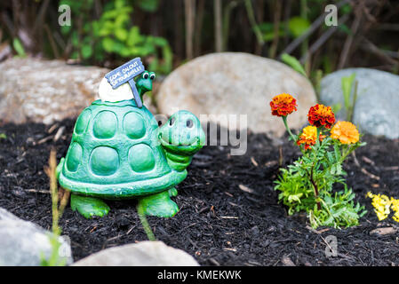 Primo piano della felice tartaruga verde tartaruga scultura in giardino con il bambino che va a passo di lumaca sul guscio posteriore e firmare Foto Stock