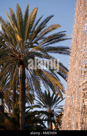 Palma di Maiorca, isole Baleari, Spagna - 5 dicembre 2017: paseo maritimo crepuscolo palme e il porto con la luce di Natale decorazioni su dicembre Foto Stock