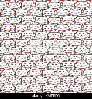 Disegnata a mano lucky cat vector pattern. doodle art. Illustrazione Vettoriale