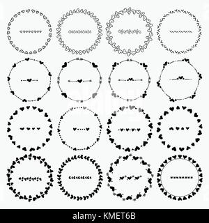 Vector set di cornici tonde per decorazione. linea cuore artigianale di illustrazione vettoriale. Illustrazione Vettoriale