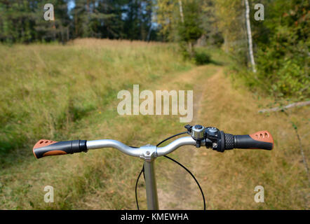 Manubrio bicicletta sullo sfondo di un sentiero di bosco, close up Foto Stock