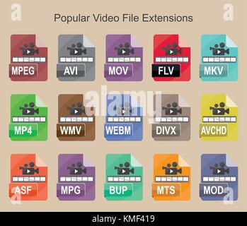 Video popolari estensioni di file, piatta colorata icone vettoriali per il Web, Mobile e ext Illustrazione Vettoriale
