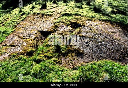 Cup e anello di marchi marchio neolitico preistoriche rupestri su roccia naturale affioramento a Poltalloch in Kilmartin Valley, Argyll, Scotland, Regno Unito Foto Stock