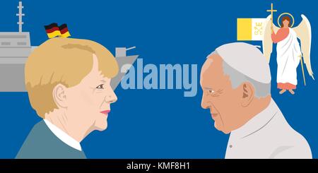 07.12.2018 llustrazione editoriale del cancelliere tedesco Angela Merkel e il papa francisco su forze sfondo Illustrazione Vettoriale