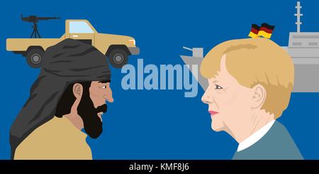 07.12.2018 llustrazione editoriale del cancelliere tedesco angella merkel contro il terrorista. Illustrazione Vettoriale