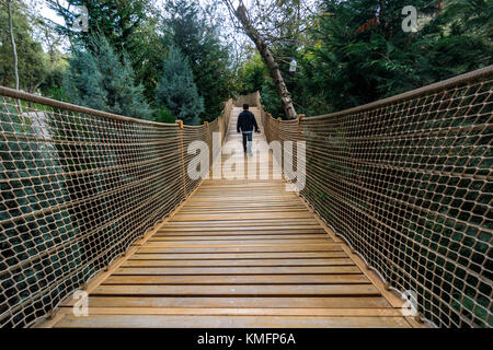 Fotografo passando attraverso il ponte di sospensione Foto Stock