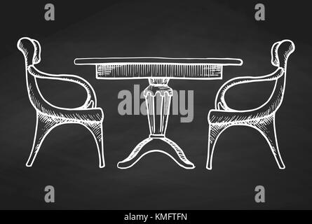 Due sedie e un tavolo. disegnati a mano gesso su una lavagna.illustrazione vettoriale in uno schizzo di stile. Illustrazione Vettoriale