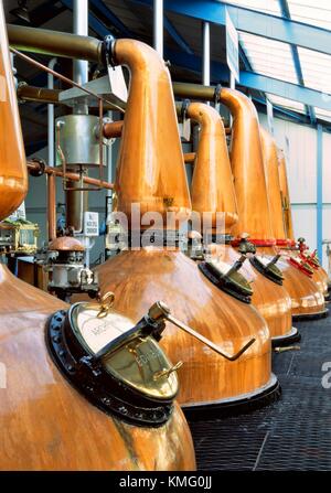 Laphroaig single malt whisky distillery, isola di Islay, Scotland, Regno Unito. Tradizionale Pentola di Rame di immagini fisse Foto Stock