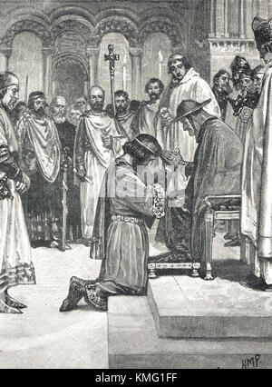 Il re Giovanni rende omaggio al legato del Papa Innocenzo III nel 1213 Foto Stock