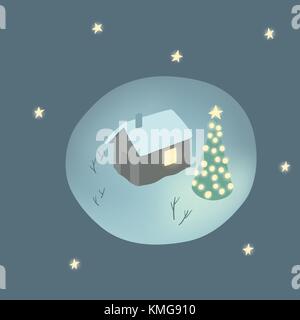 Auguri di Natale carta con cabina e albero di Natale decorato Illustrazione Vettoriale