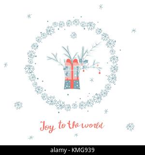 Auguri di Natale carta con cornice rotonda fatta di fiocchi di neve, pranzo dono e rami di conifere Illustrazione Vettoriale