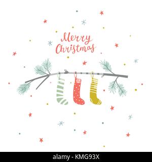 Natale biglietto di auguri con il ramo di pino con appeso calzini e scritto a mano scritte Illustrazione Vettoriale