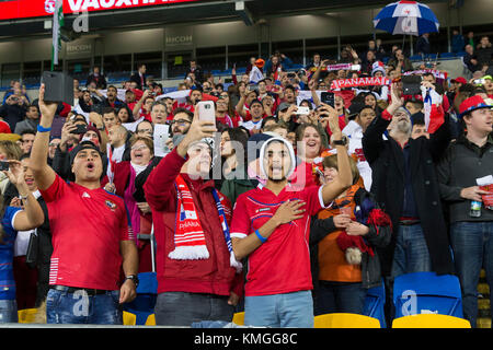 Cardiff, Galles, Regno Unito, 14 novembre 2017: Tifosi di Panama durante una partita amichevole internazionale tra Galles e Panama al Cardiff City Stadium. Foto Stock