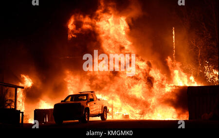 Santa Paula, California, USA. 4° dic, 2017. vigili del fuoco battaglia a santa ana wind-driven fuoco spazzola chiamato thomas fire che è esplosa a 31, 00 acri con lo zero percento di contenimento lunedì notte in martedì mattina presto, secondo la contea di ventura vigili del fuoco. Credito: gene blevins/zuma filo/alamy live news Foto Stock