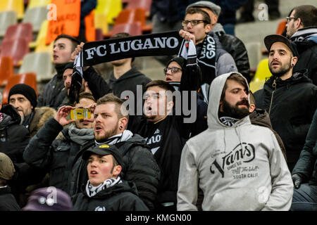 8 dicembre 2017: fc lugano ventilatori durante la UEFA Europa League il 2017-2018, fase di gruppo, groupe gioco g tra fcsb Bucarest (rou) e fc lugano (che) a livello nazionale stadio arena, Bucarest, Romania rou. foto: cronos/catalin soare Foto Stock