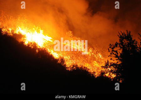 Ojai, California, Stati Uniti. 7 dicembre 2017. Il fuoco di Thomas si sposta sul crinale dietro gli edifici principali del campo estivo ebraico, Camp Ramah nella parte occidentale di Ojai giovedì sera. Crediti: Neal Waters/ZUMA Wire/Alamy Live News Foto Stock