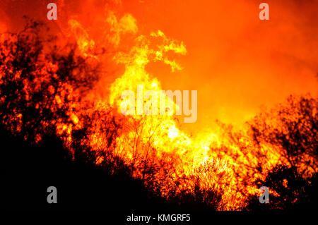 Ojai, California, Stati Uniti. 7 dicembre 2017. Il fuoco di Thomas si sposta sul crinale dietro gli edifici principali del campo estivo ebraico, Camp Ramah nella parte occidentale di Ojai giovedì sera. Crediti: Neal Waters/ZUMA Wire/Alamy Live News Foto Stock